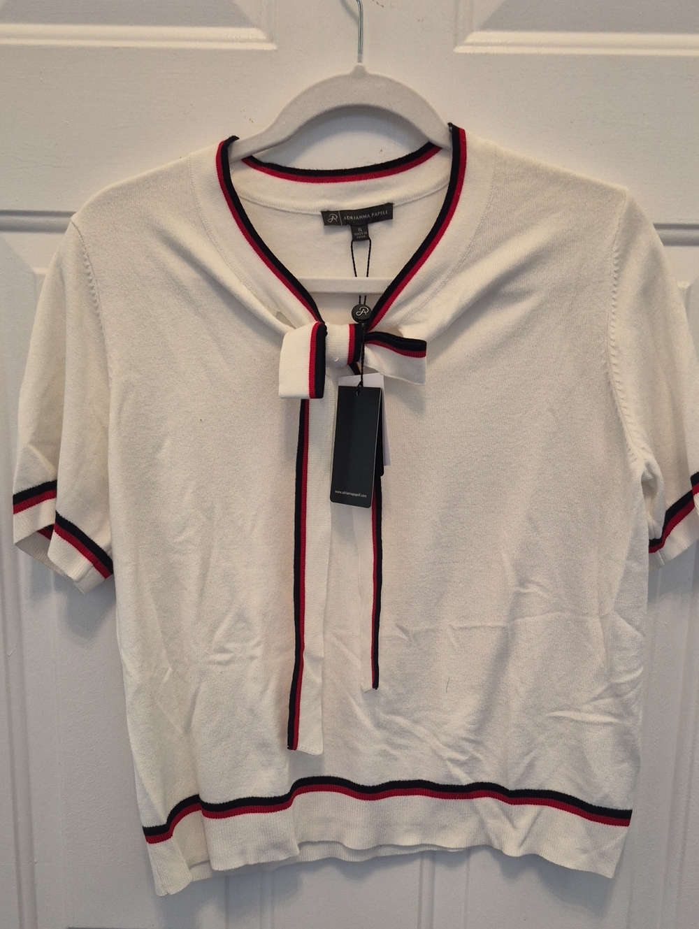Adrianna Papell White Short Sleeve Tie-Neck Top with Red & Black Trim